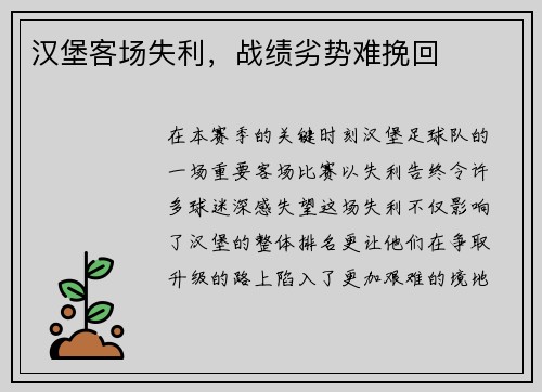 汉堡客场失利，战绩劣势难挽回